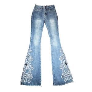 NWOT Bamboo Jeans Size 00 High Rise Festival Flare Cross Embroidery Grunge Y2K